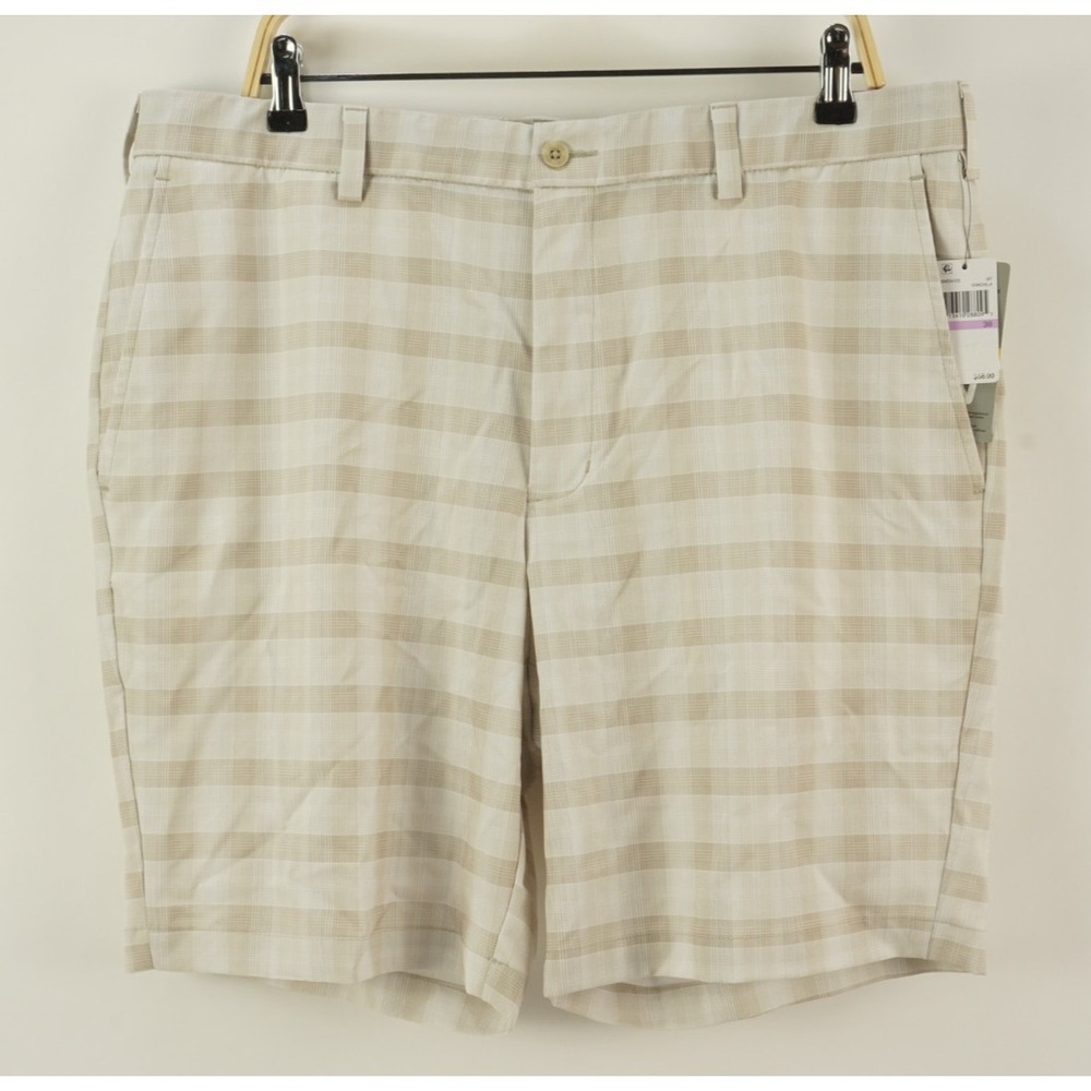 New PGA Tour Performance Wicking Stretch Plaid 9" Golf Shorts Men 38 White Brown